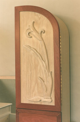 carved purpleheart and white oak vanity door